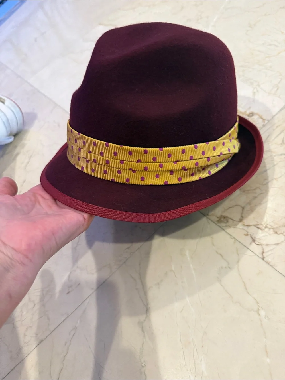 Saks Fifth Avenue Burgundy Womans Felt Fedora with Yellow Dot Band